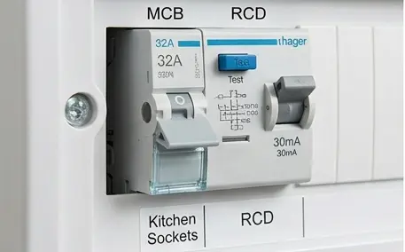 Close-up of RCD and MCB switches inside a UK consumer unit — the two main types of circuit protection device